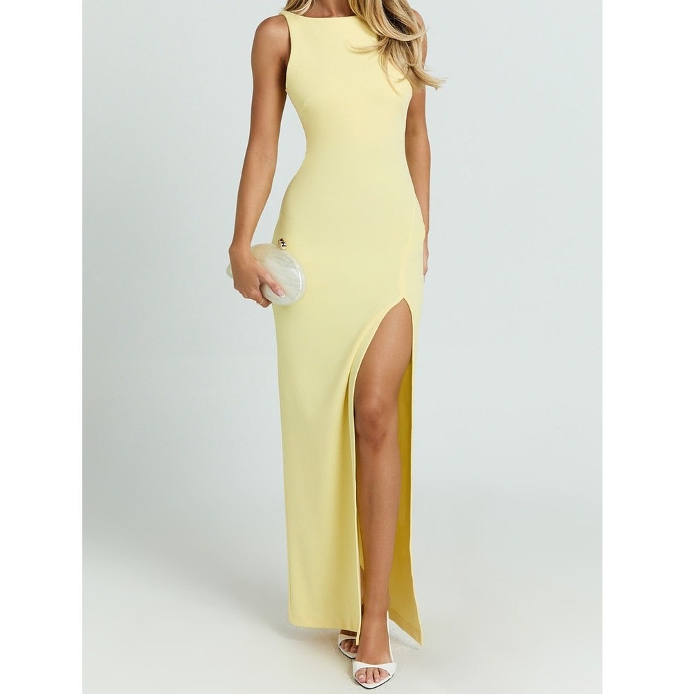 NWT Showpo Indi Maxi Dress Lemon Yellow Boat Neck Bodycon High Slit 12